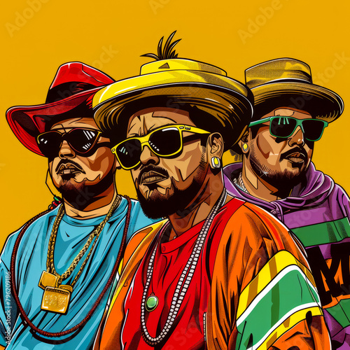 Painting of three men wearing hats and sunglasses, one of them is wearing scarf. photo