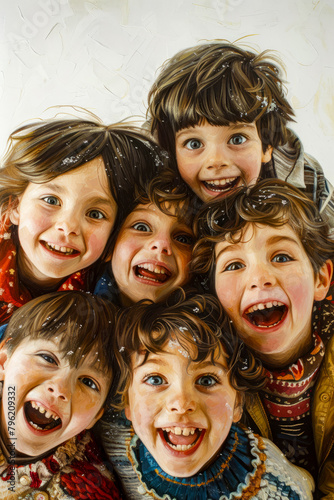 Group of children standing next to each other with their mouths open and smiling.