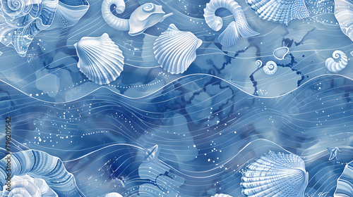 This seamless pattern combines soft blue shades with diverse shell motifs and flowing ocean waves  creating a tranquil and harmonious design suitable for elegant wallpapers and fabrics