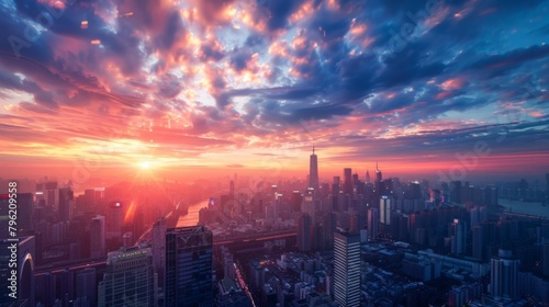 A vibrant sunrise over an urban skyline, illuminating skyscrapers and bustling streets