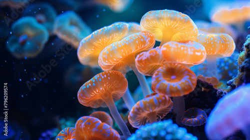 Vibrant orange sea anemones in a deep blue aquatic setting, teeming with marine life. 