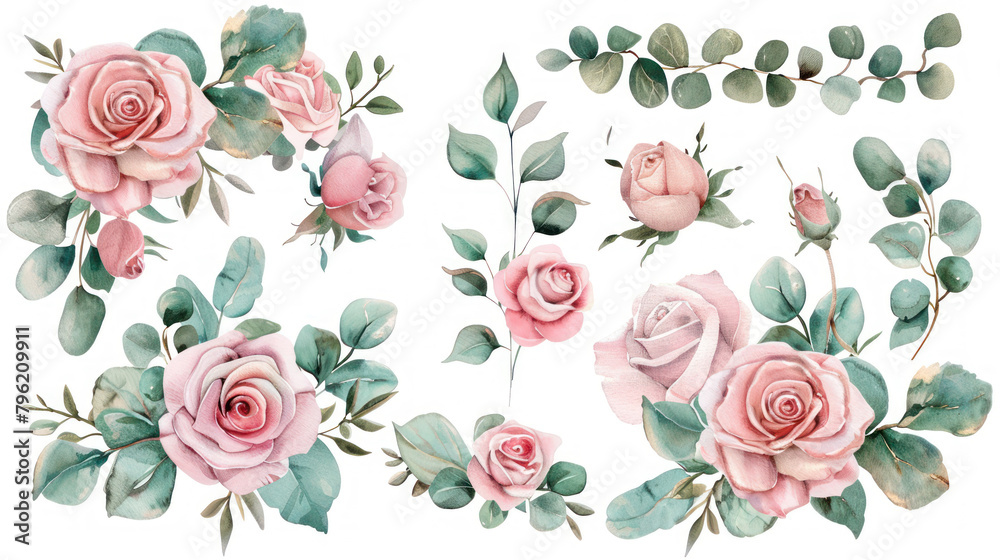 Set of Gorgeous Pink roses compositions. Watercolor illustrations isolated on white background. Floral design elements, corner, border, arrangement for cards, invitations. Stickers, print design