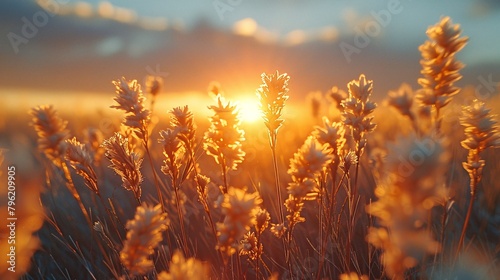 Blurry image of withered natural blooms and vegetation in a field during colder months, illuminated by radiant sunlight and lens effects on a hazy sky backdrop.
