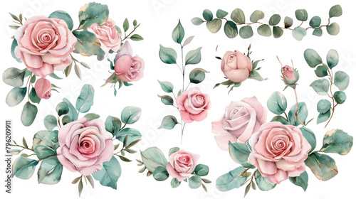 Set of Gorgeous Pink roses compositions. Watercolor illustrations isolated on white background. Floral design elements, corner, border, arrangement for cards, invitations. Stickers, print design © Dina Photo Stories