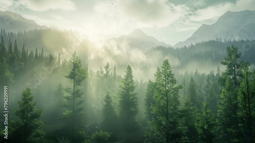 Soft rays of sunlight filter through the trees casting a dreamlike glow over the mystical landscape of defocused mountains and endless skies beckoning travelers to explore the enchanted . photo