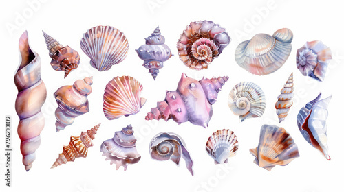 Watercolor Seashells clipart isolated on white background. sea clipart. Shell set, beach scenery. Watercolor starfish and other seashells in tropical illustration. Stickers set, summer print, design