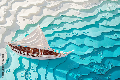 Traditional Maldivian Dhoni boat reimagined in a detailed paper cut scene set against the crystal clear waters  photo