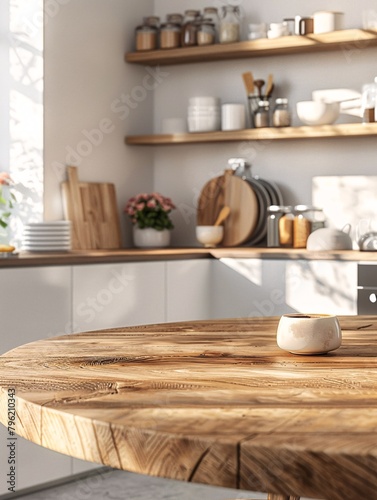 Vast  attractive circular wooden surface in pristine and illuminated kitchen setting  ideal for showcasing products.