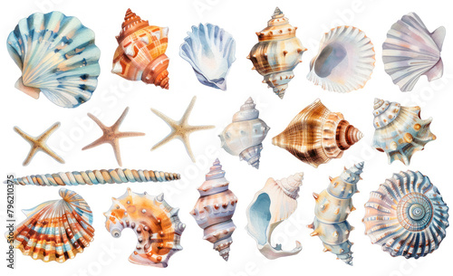 Watercolor Seashells clipart isolated on white background. sea clipart. Shell set, beach scenery. Watercolor starfish and other seashells in tropical illustration. Stickers set, summer print, design
