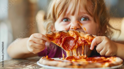 A young child taking a big bite out of a slice of pizza, sauce smeared on their face photo