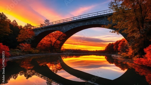 Fantastic Autumn Landscape. Amazing sunset With colorful sky in Azalea Rakotz Bridge, photo
