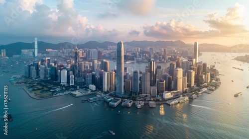 Aerial perspective of skyscrapers lining the waterfront, defining the city's iconic skyline