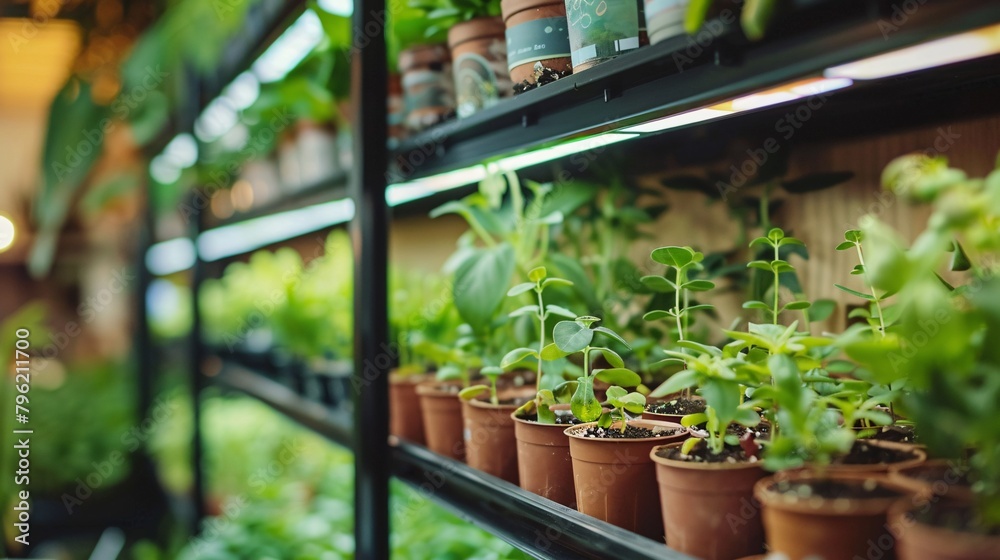 Cultivating indoor seedlings under full-spectrum LED lights, placed on shelves. Cultivating indoor seedlings under full-spectrum LED lights, placed on shelves.