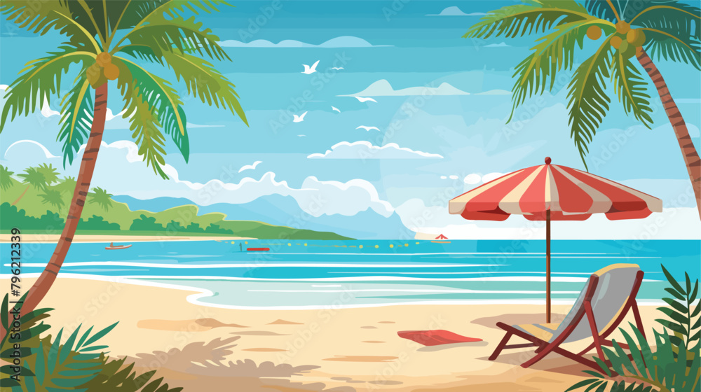 Sea landscape summer beach palm tree sun umbrellas 