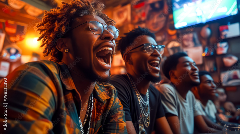 Group of young men sitting next to each other in front of tv. Generative AI