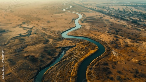 Aerial view of a shrinking river snaking through a parched landscape, symbolizing dwindling water resources in drought photo