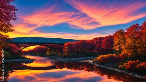 Fantastic Autumn Landscape. Amazing sunset With colorful sky in Azalea Rakotz Bridge, © Артем Шостак