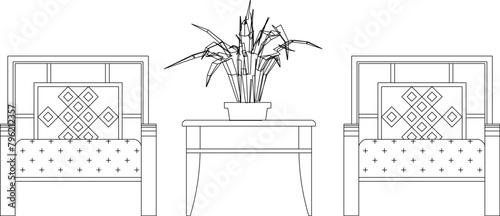 vector illustration design sketch drawing of living room furniture sofa chair in home interior