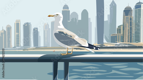 Seagull sits on the railing of the promenade in Dubai
