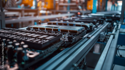 Mass production assembly line of electric vehicle battery cells close-up view photo