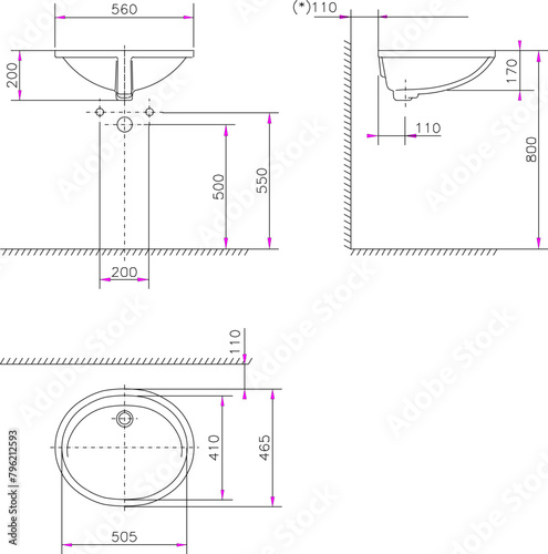 vector illustration design sketch drawing of monoblock hand washing sink with detailed size scale