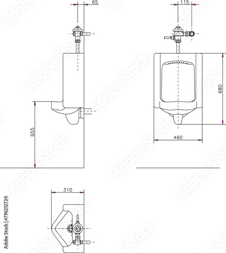 vector illustration design sketch drawing of monoblock urinal for urination with detailed size scale