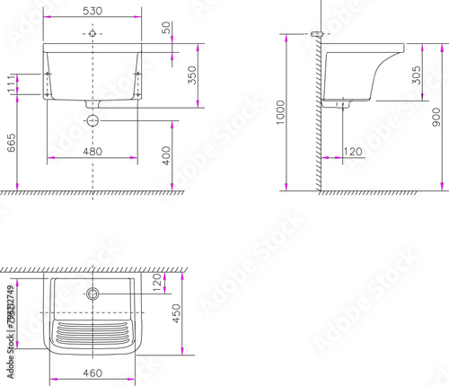 vector illustration design sketch drawing of monoblock urinal for urination with detailed size scale