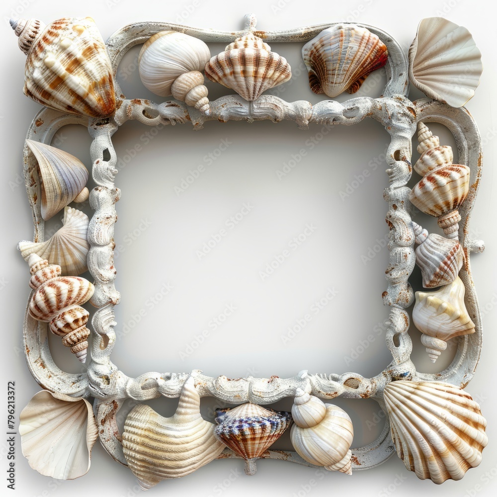 3D Render of a themed photo frame featuring elements like shells for a beach-themed decor, on isolated white background, Generative AI 3D Render of a themed photo frame featuring elements like shells for a beach-themed decor, on isolated white background, Generative AI