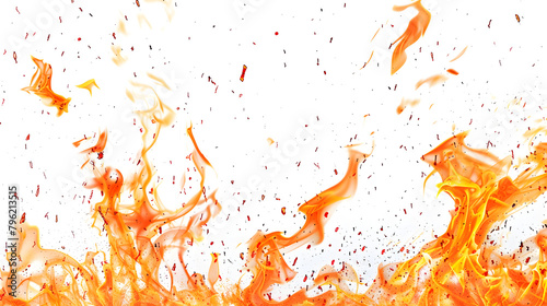 showcases a lively and dynamic display of dancing orange flames with floating sparks, set against a clean white background. The composition captures the unpredictable movement and vibrant energy of fi