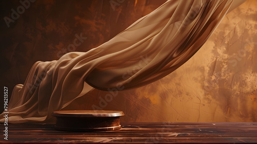 wooden podium with a flowing beige fabric on a richly textured brown backdrop. The dramatic lighting and artistic composition lend a sense of grandeur and elegance, making it ideal for themes related 