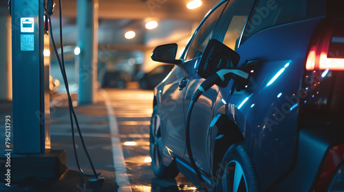 atmospheric image captures an electric vehicle being charged in a dimly lit city parking garage at night. The illuminated charging station and the reflective details on the car highlight the integrati photo