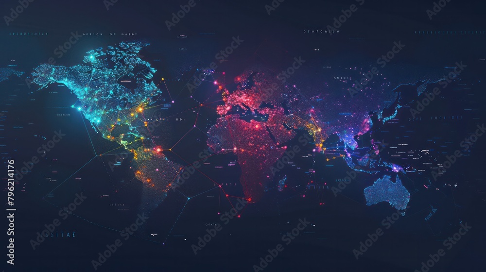 global map with different countries highlighted in different colors, representing the widespread adoption of digital payments., 