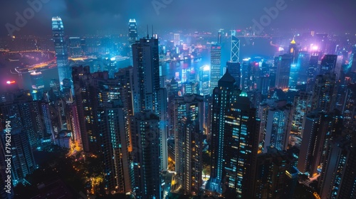 An aerial shot of a city skyline at night  ablaze with the lights of towering skyscrapers