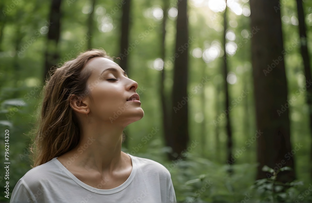 Naklejka premium Relaxed woman breathing fresh air in a green forest
