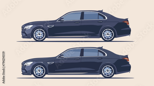 Sedan car two angle set. Car side and front view. Vector