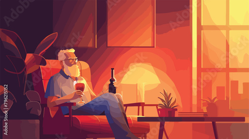 Senior man with bottle of drink late in evening at ho