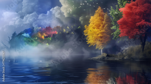 Landscape with trees and pond of water clouds water, vivid colorful water color © May_Chanikran