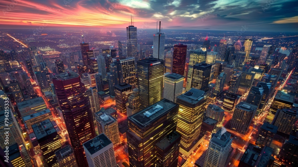 An aerial view of a cityscape at twilight, with tall buildings illuminated by a myriad of lights, painting a breathtaking picture of urban grandeur and sophistication. An aerial view of a cityscape at twilight, with tall buildings illuminated by a myriad of lights, painting a breathtaking picture of urban grandeur and sophistication.