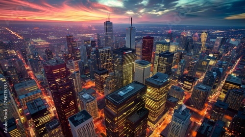 An aerial view of a cityscape at twilight, with tall buildings illuminated by a myriad of lights, painting a breathtaking picture of urban grandeur and sophistication. photo