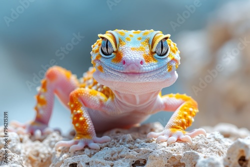 Leopard Gecko: Resting on a textured surface, displaying its spotted skin and distinctive eyes.  photo