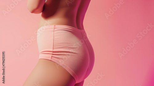 Close-up image of a woman in pink underwear showing side profile against a pink background.