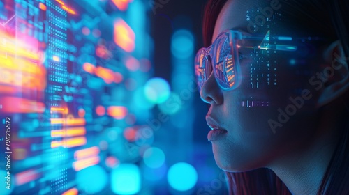 A digital technology hologram with a woman using a tablet to analyze data and a programmer in glasses working on cybersecurity research on a 3d screen.