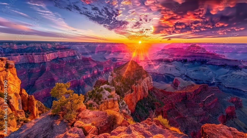 Fototapeta premium mesmerizing sunset over the Grand Canyon, illuminating the vast expanse of colorful rock formations with warm hues of orange, pink, and purple