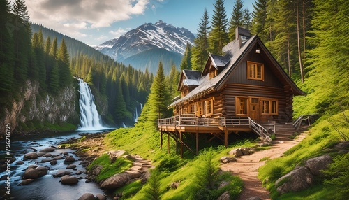 A beautiful  cozy  fancy stone cottage in the spring forest on the side  with visible mountains and a waterfall in the distance.