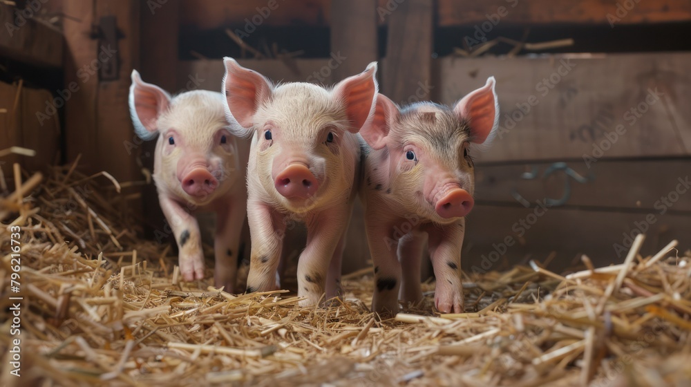 playful group of piglets frolicking in a straw-filled pen, capturing the innocence and joy of animal life on the farm. playful group of piglets frolicking in a straw-filled pen, capturing the innocence and joy of animal life on the farm.