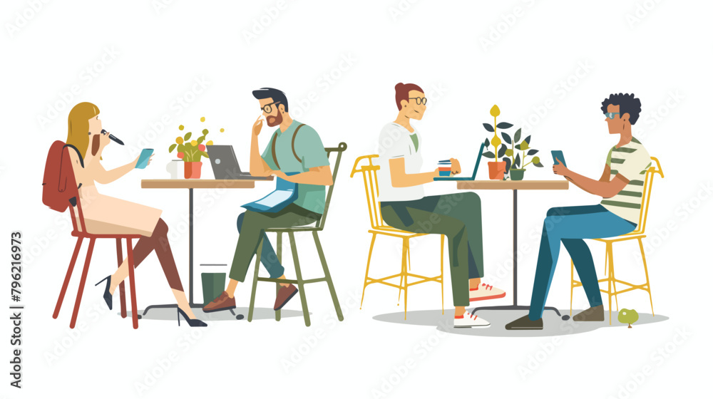 Set of Four different people sitting at street cafe Vector