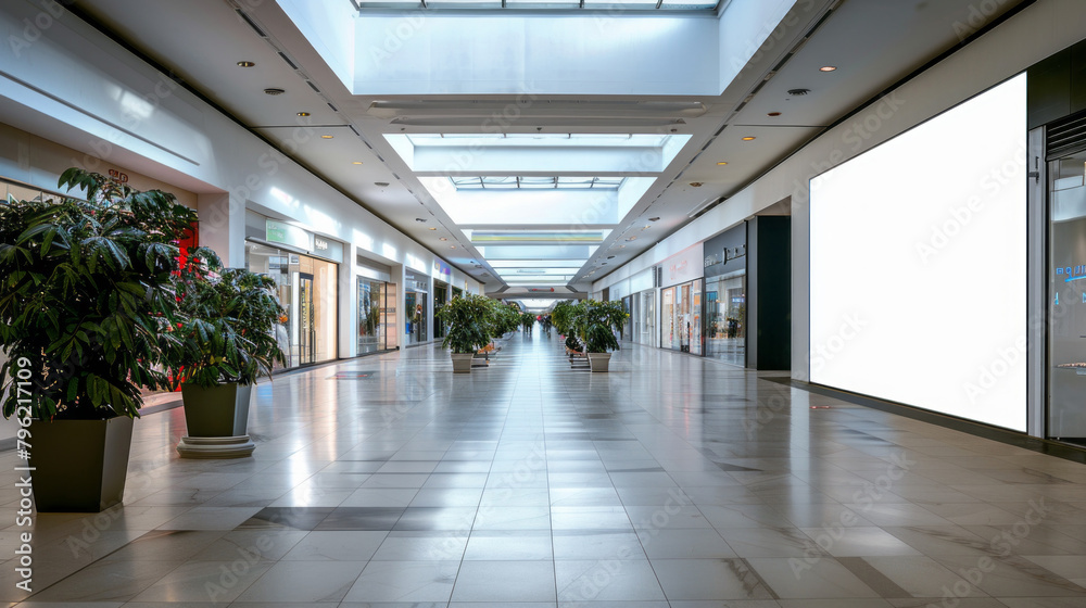 A large empty mall with a white wall and a few potted plants