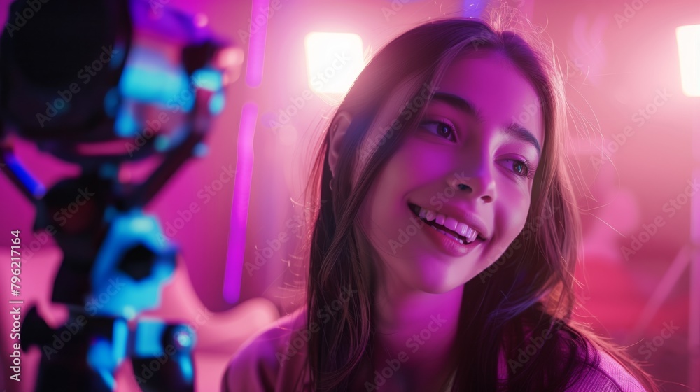 A young girl with a beaming smile interacts playfully in a vibrant, neon-lit room featuring a robot camera. A young girl with a beaming smile interacts playfully in a vibrant, neon-lit room featuring a robot camera.