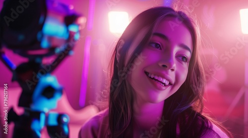 A young girl with a beaming smile interacts playfully in a vibrant, neon-lit room featuring a robot camera.