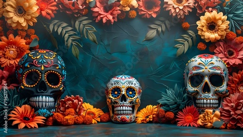 Dia de los Muertos Decorations: Sugar Skull and Colorful Ornaments. Concept Dia de los Muertos, Decorations, Sugar Skull, Colorful Ornaments photo